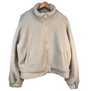 Vici Women's Cream Neutral Oversized Lined Warm Sherpa Bomber Jacket Medium‎